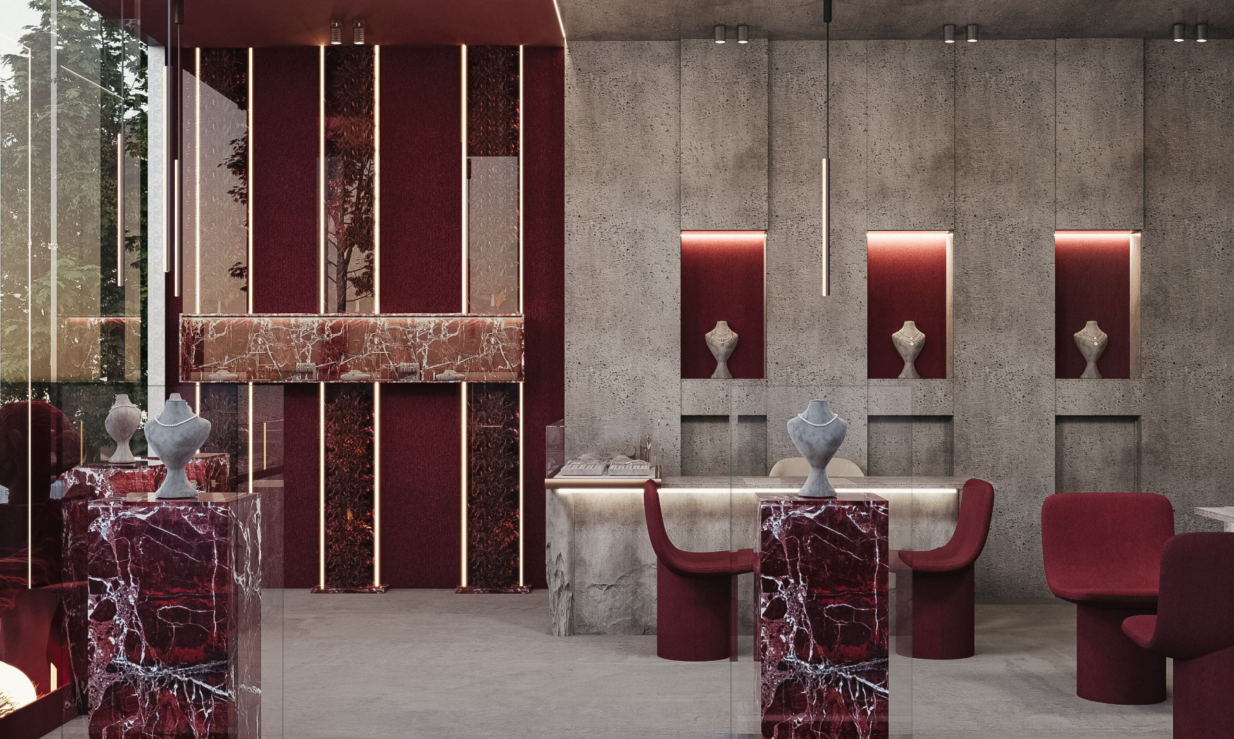 Interior with garden views and red accents