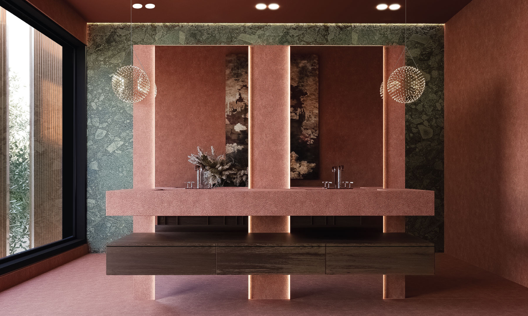 Modern glass and wood wall detail with red accent